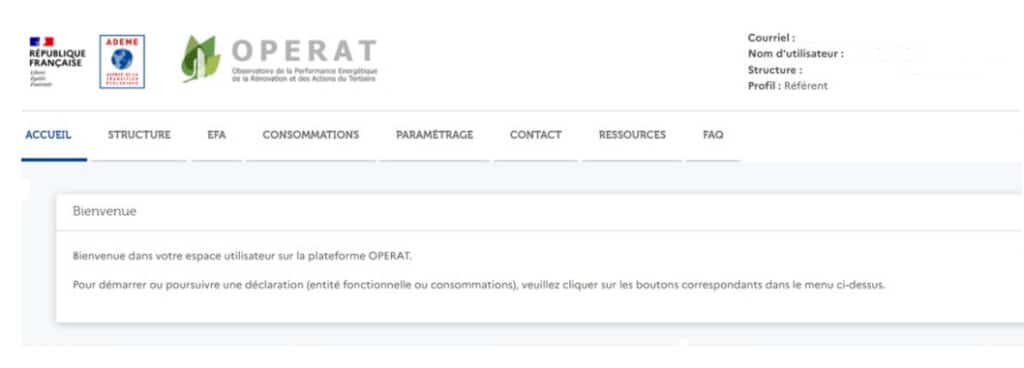Capture d'écran de l'accueil de la plateforme OPERAT de l'ADEME