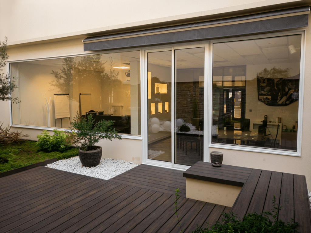 Porte et baie vitrée blanche sur terrasse