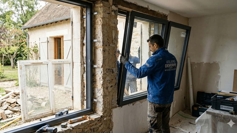 un ouvrier change une fenêtre avec un chassis en pvc par un chassis en alu