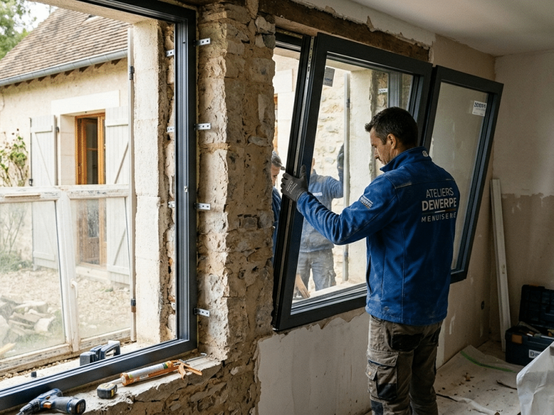 un ouvrier change une fenêtre avec un chassis en pvc par un chassis en alu