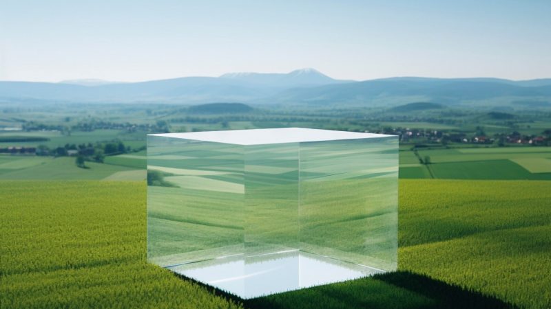 Photo d'un paysage verdoyant dans lequel est posé un cube en verre translucide