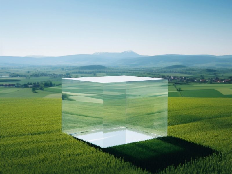 Photo d'un paysage verdoyant dans lequel est posé un cube en verre translucide